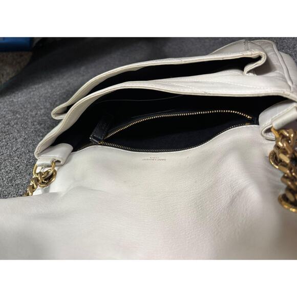 Saint Laurent YSL Bag Womens White Quilted Leather Chain Shoulder Chevron Purse - Picture 5 of 12
